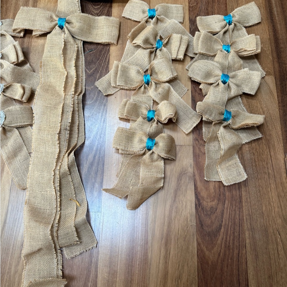 Rustic Burlap Bows with Blue and Ivory Accents